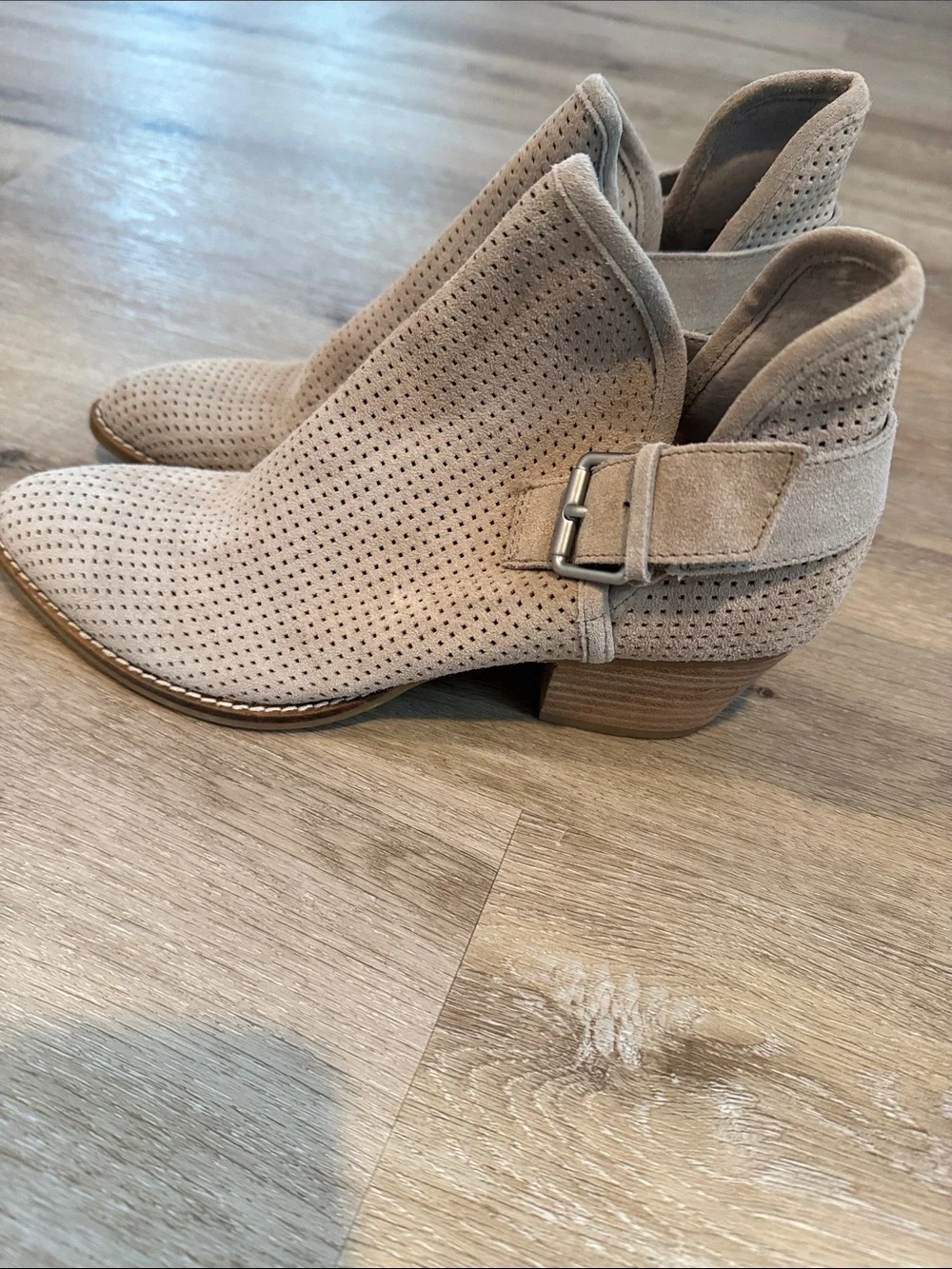 Dolce Vita Perforated Suede Ankle Booties in Taupe